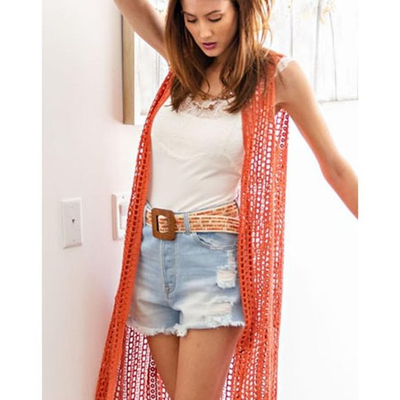 Deep Coral Crochet Sleeveless Cardigan - Picture 2 of 5